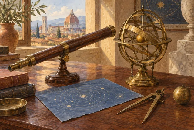Editorial illustration of a telescope, brass armillary sphere and drawing instruments on a sunlit Florentine desk.