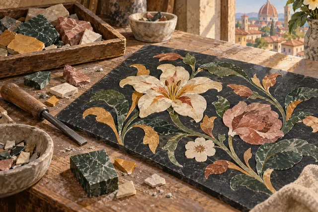 Editorial illustration of an original floral stone-inlay panel, coloured mineral offcuts and a wooden-handled tool on a workbench.