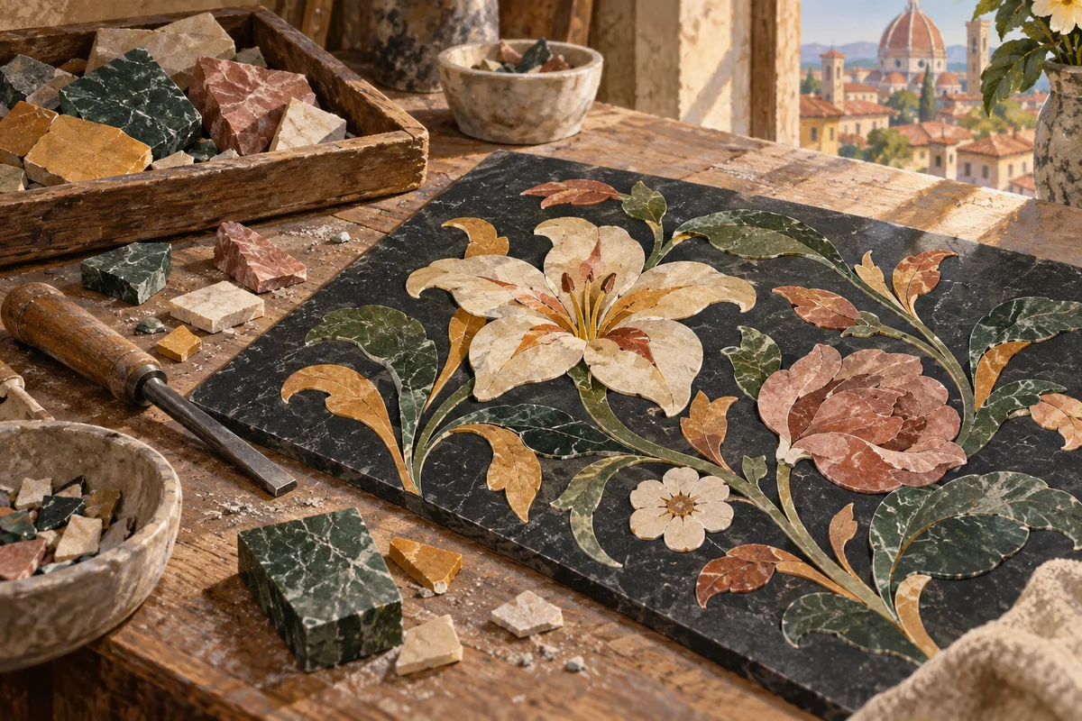 Editorial illustration of an original floral stone-inlay panel, coloured mineral offcuts and a wooden-handled tool on a workbench.