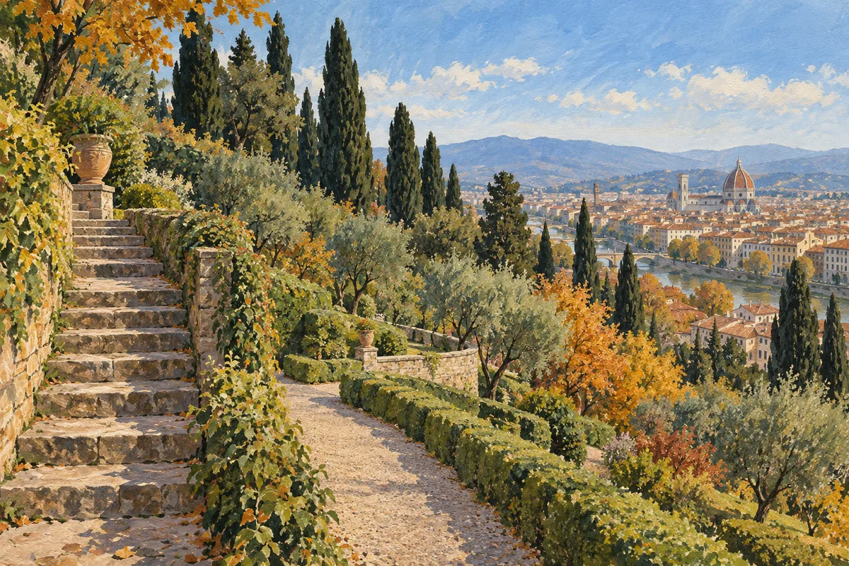 Editorial illustration of terraced garden paths, cypress trees and autumn foliage overlooking an imagined Florence skyline.