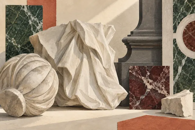 Editorial illustration of pale carved marble, gray architectural molding and colored stone panels inspired by Florence’s Medici Chapels.
