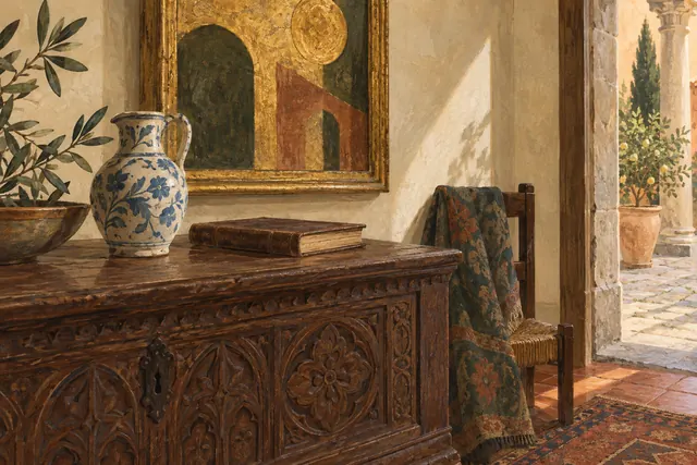 Editorial illustration of an imagined Florentine collector’s room with a carved wooden chest, ceramic jug, closed book and abstract framed panel.