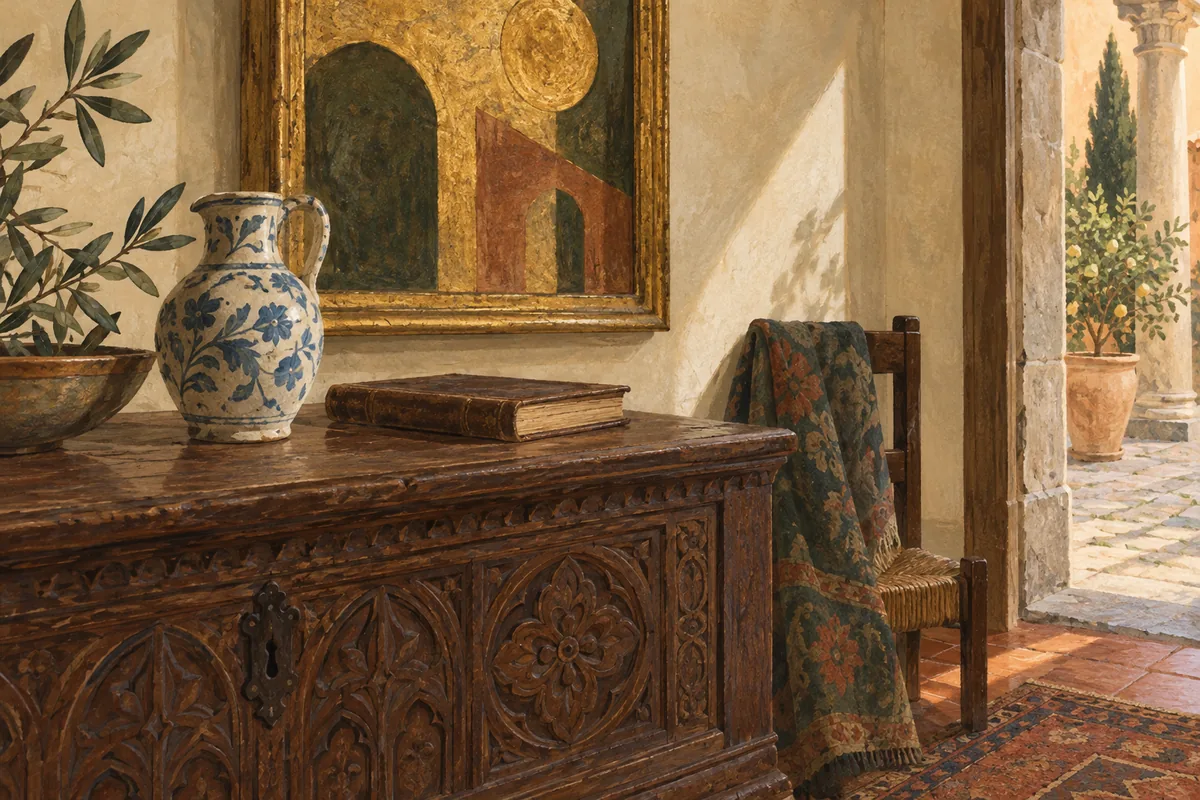 Editorial illustration of an imagined Florentine collector’s room with a carved wooden chest, ceramic jug, closed book and abstract framed panel.
