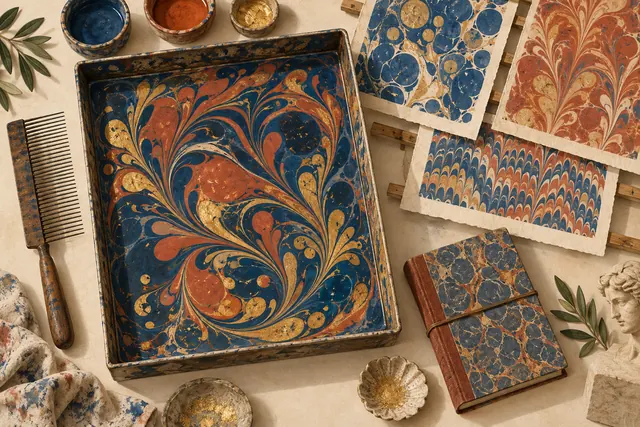Editorial illustration of a marbling tray, comb, patterned paper sheets and a handmade notebook in indigo, terracotta and gold.
