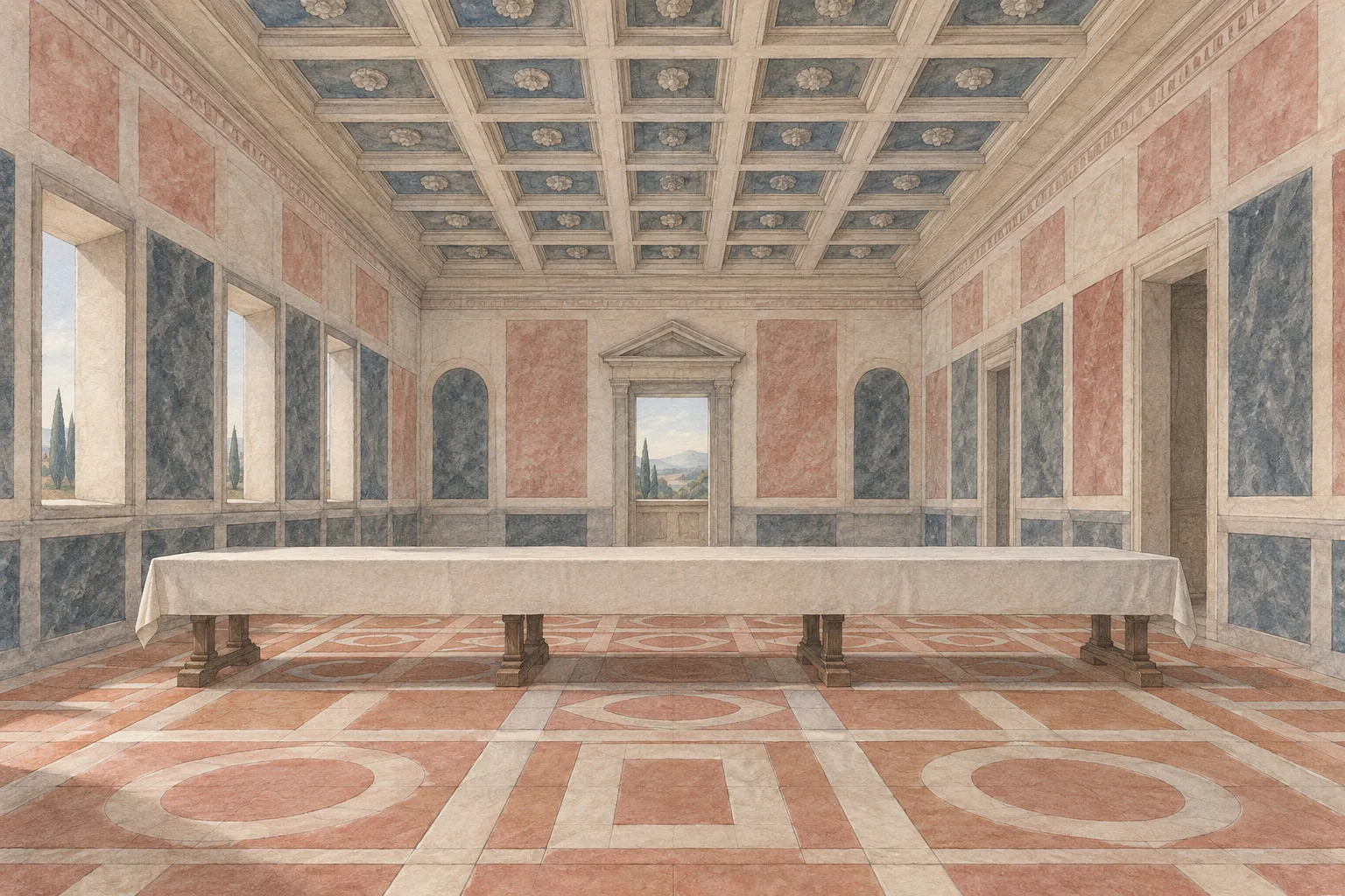 Conceptual editorial illustration of an empty room with a long table and receding geometric ceiling, exploring perspective without reproducing Sant’Apollonia’s fresco.