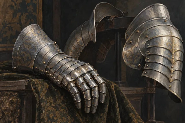 Conceptual editorial painting of an articulated steel gauntlet and shoulder armor, emphasizing joints and rivets rather than reproducing a catalogued object.