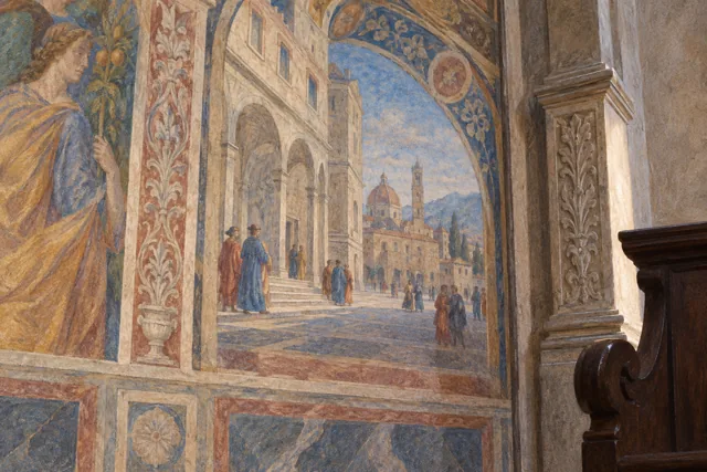 Interpretive illustration of painted Renaissance city architecture beside a stone church pilaster, not a reproduction of the Sassetti Chapel frescoes.