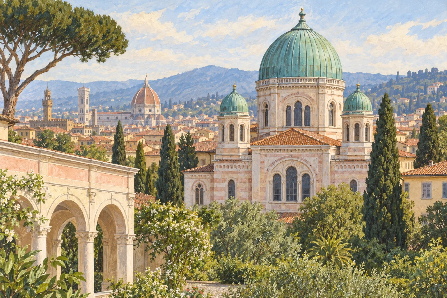 Editorial painting of a green copper dome above Florence rooftops and a leafy garden, an architectural impression rather than a documentary synagogue view.