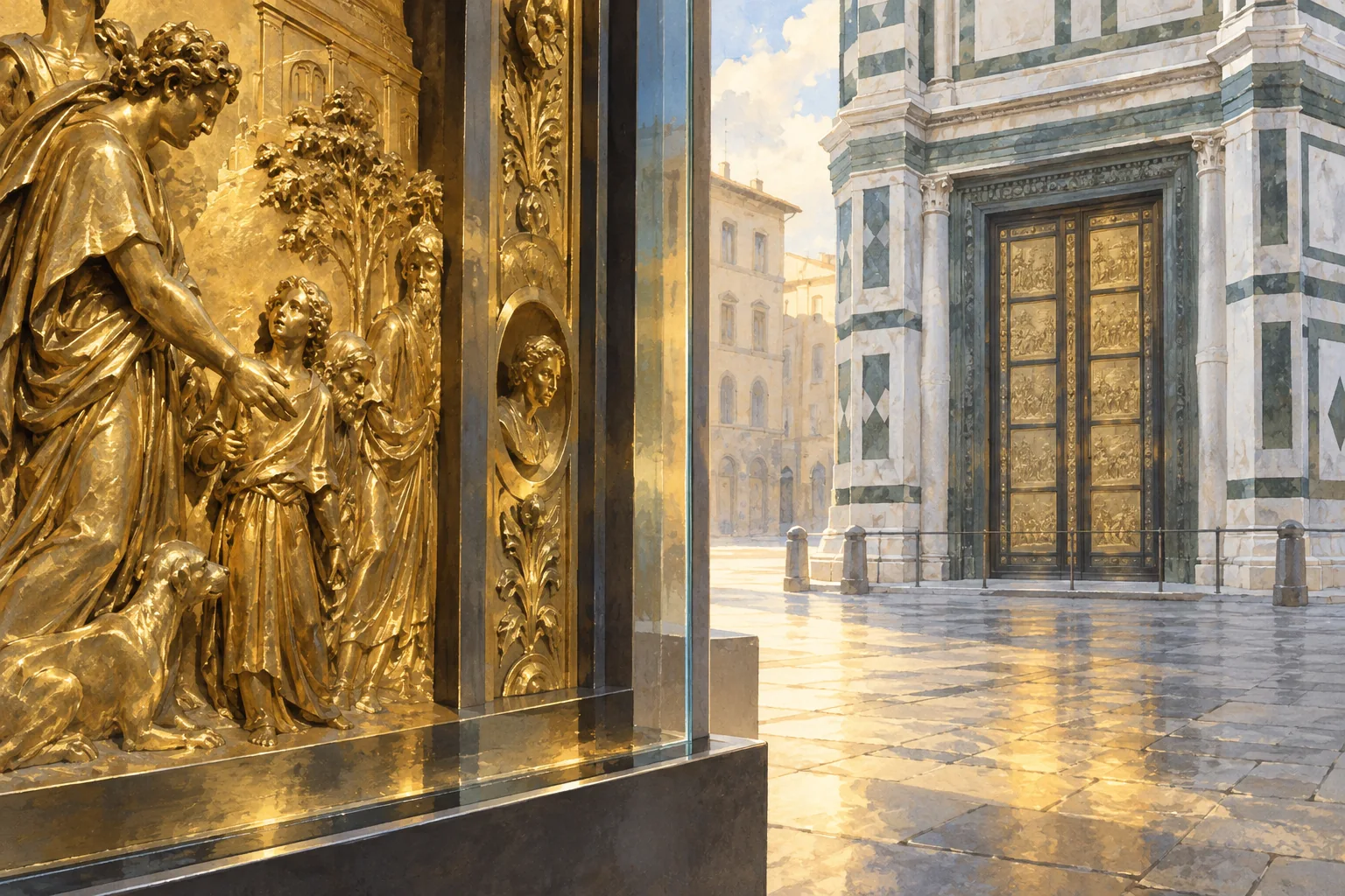 Editorial illustration of an imagined gilded relief behind museum glass beside an outdoor marble doorway, exploring originals and copies without reproducing a specific Baptistery panel.