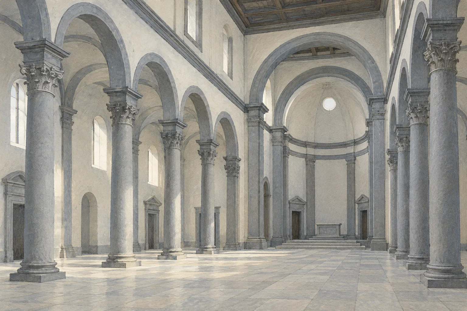 Editorial gouache illustration of grey columns and rounded arches against white plaster, an imagined Renaissance interior inspired by San Lorenzo rather than a documentary view.