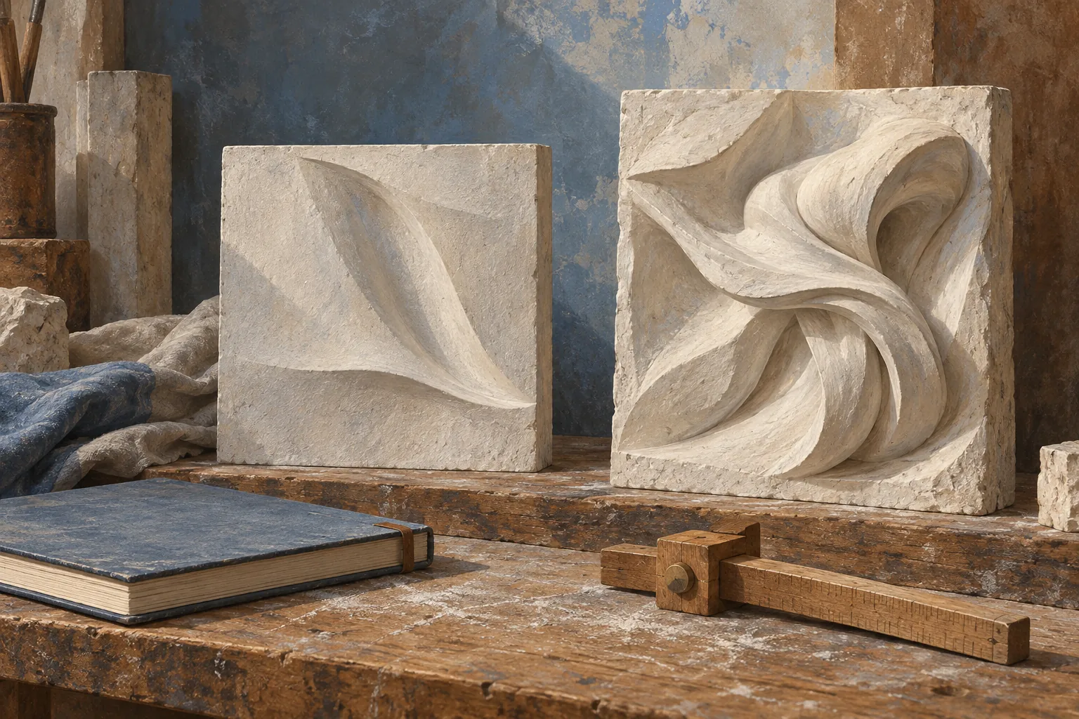 Editorial gouache of two invented pale stone relief studies, a closed sketchbook and wooden measuring tool, a conceptual still life rather than Michelangelo’s works or studio.