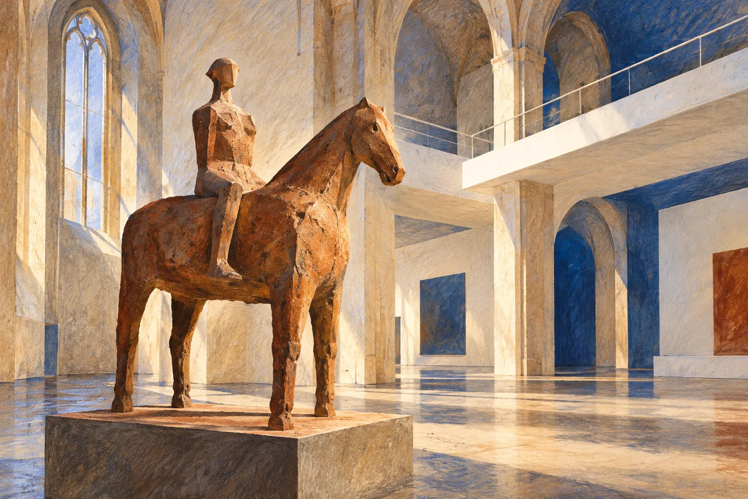 Editorial illustration of an invented terracotta horse-and-rider sculpture in a tall gallery, a conceptual scene rather than a Marino Marini artwork or an exact museum interior.