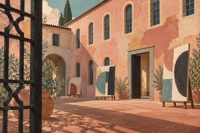 Editorial paper-and-gouache collage of an imagined courtyard with old window grilles and contemporary art panels, inspired by cultural reuse rather than a documented Le Murate installation.