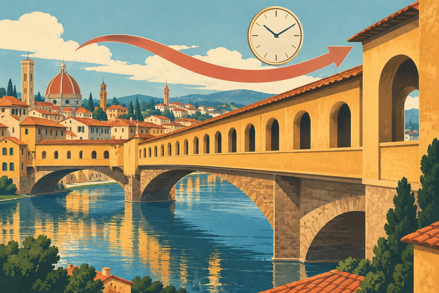 Editorial screenprint of an imagined elevated passage above a Florentine river, with a clock and directional ribbon, a planning illustration rather than an architectural route map.