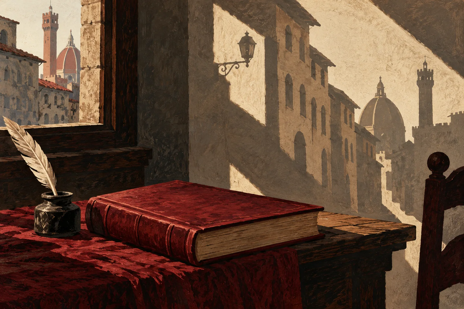 Symbolic editorial illustration of an unlettered red book, quill and ink pot beside shadows of a Florentine street, not an actual Dante artifact.