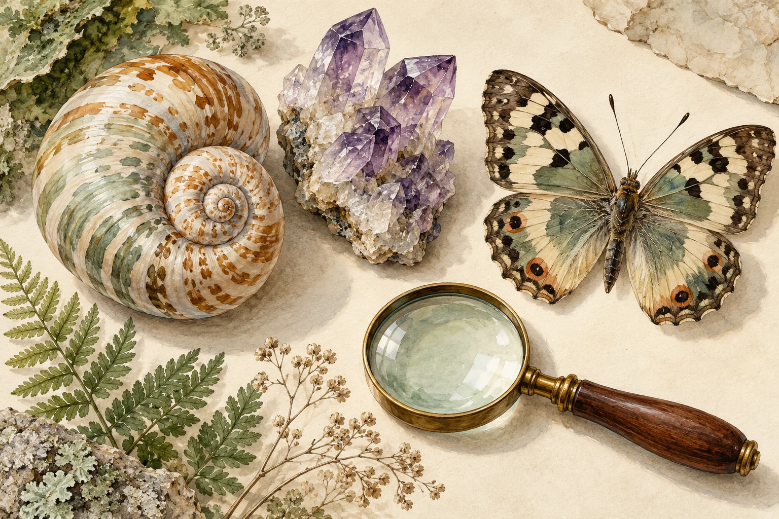 Editorial watercolor still life of a spiral shell, purple crystals, a butterfly and a magnifying lens, symbolizing natural-history observation.