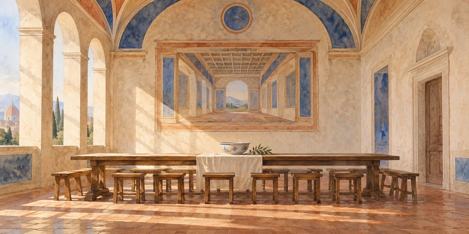Editorial watercolour of an imagined refectory and painted architectural frame, not the actual Ognissanti interior or a reproduction of its fresco.
