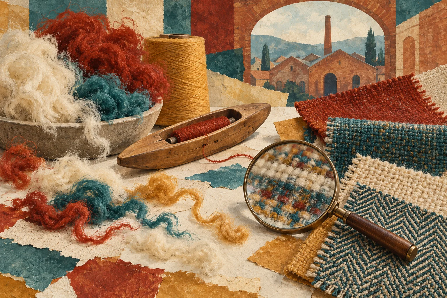 Editorial collage of woven wool, loose fibres and a wooden shuttle, with an imagined factory arch behind the textile study.
