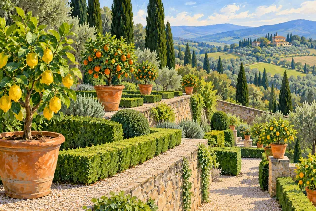 Editorial gouache illustration of an imagined Tuscan terraced garden with citrus pots and gravel paths, not a measured view of Castello or a historical reconstruction.