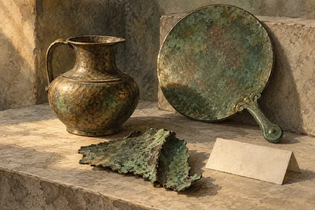 Editorial watercolor illustration of imagined bronze vessels, a mirror and a patinated fragment, not identified museum objects or an archaeological reconstruction.