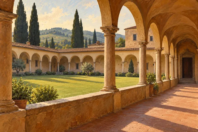 Gouache editorial illustration of an imagined Tuscan cloister and closed doorway; not a documented Certosa del Galluzzo view or historical reconstruction.