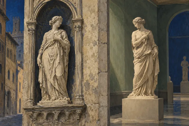 Charcoal and gouache editorial illustration of two invented draped statues in a street niche and museum setting; not actual Orsanmichele works or a reconstructed display.