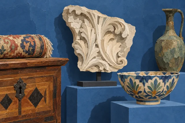 Cut-paper editorial illustration of invented stone, ceramic, textile and wooden objects against a blue wall; not identifiable Museo Bardini works or an actual gallery arrangement.