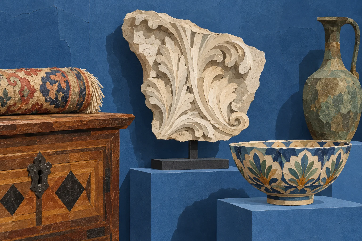 Cut-paper editorial illustration of invented stone, ceramic, textile and wooden objects against a blue wall; not identifiable Museo Bardini works or an actual gallery arrangement.