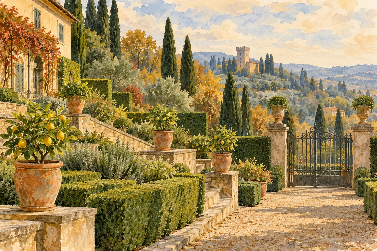 Watercolor editorial illustration of an imagined Tuscan terraced garden with lemon pots, a distant tower and closed gate; not a current La Petraia view or reconstruction.