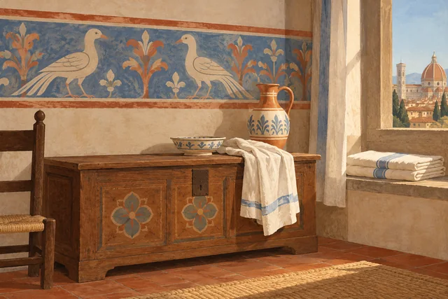 Tempera-style editorial illustration of an imagined Florentine room with a wooden chest, bird-patterned wall and folded linen; not a reconstruction of Palazzo Davanzati.