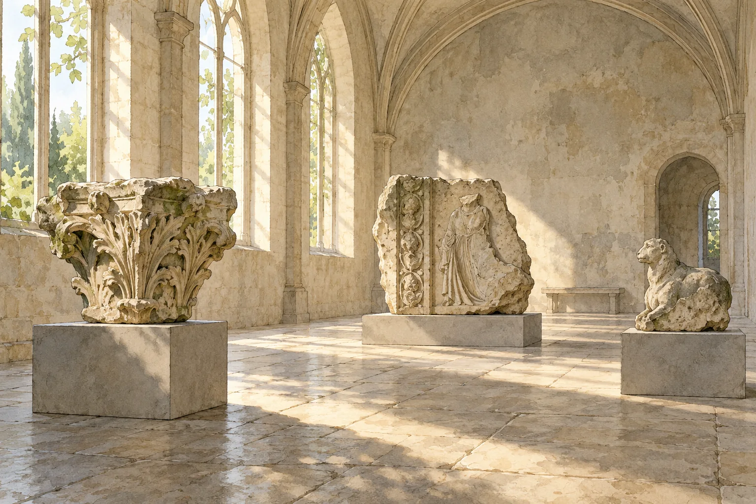 Ink-and-watercolour editorial illustration of invented stone fragments on plinths in an imagined refectory-like hall; not actual Fondazione Romano objects or a historical reconstruction.