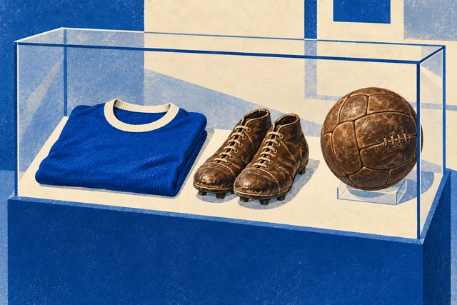 Editorial illustration of an unbranded blue football shirt, leather boots and an old ball in an imagined display case; not actual Museo del Calcio memorabilia.