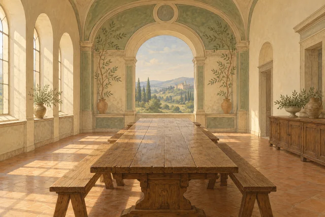 Gouache editorial illustration of an invented refectory with an empty table and painted architectural landscape; not the actual Fuligno room or its Last Supper.