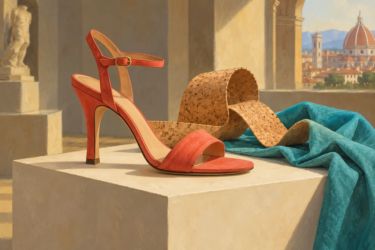 Painterly editorial illustration of an invented unbranded coral sandal, cork and turquoise fabric; not an actual Ferragamo object or museum view.