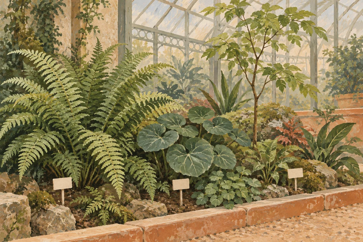 Editorial gouache illustration of an invented botanical garden bed with ferns, varied leaves and blank labels; not a view of a specific collection.