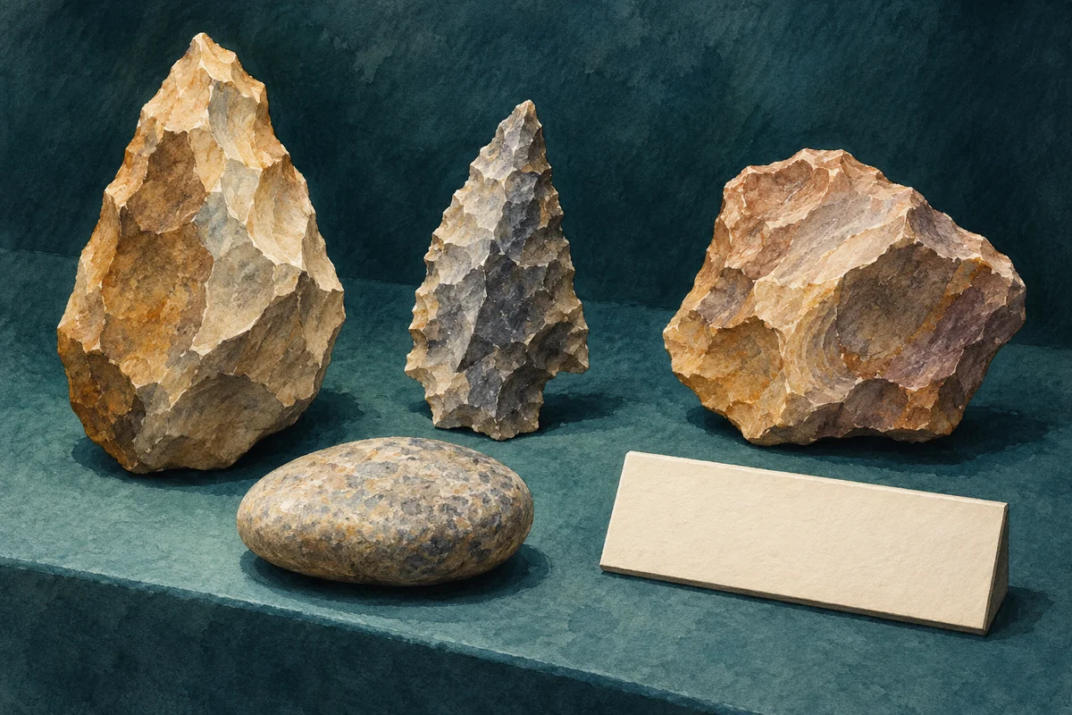 Watercolour editorial illustration of imagined flaked stones, a smooth pebble and a blank label; not identified objects from the museum collection.