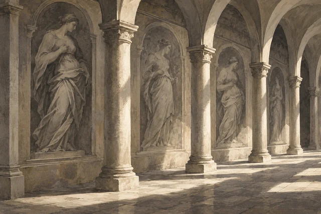 Charcoal-wash editorial illustration of imagined monochrome figures along a cloister wall; not a copy of the Scalzo frescoes or a reconstruction of its interior.