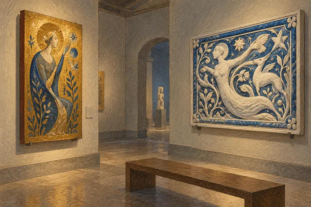 Pencil-and-gouache editorial illustration of an imagined gold-ground panel and glazed terracotta relief in a small gallery; not actual Museo Bandini works.