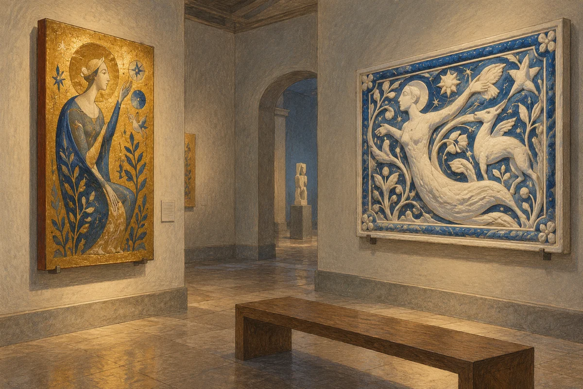 Pencil-and-gouache editorial illustration of an imagined gold-ground panel and glazed terracotta relief in a small gallery; not actual Museo Bandini works.