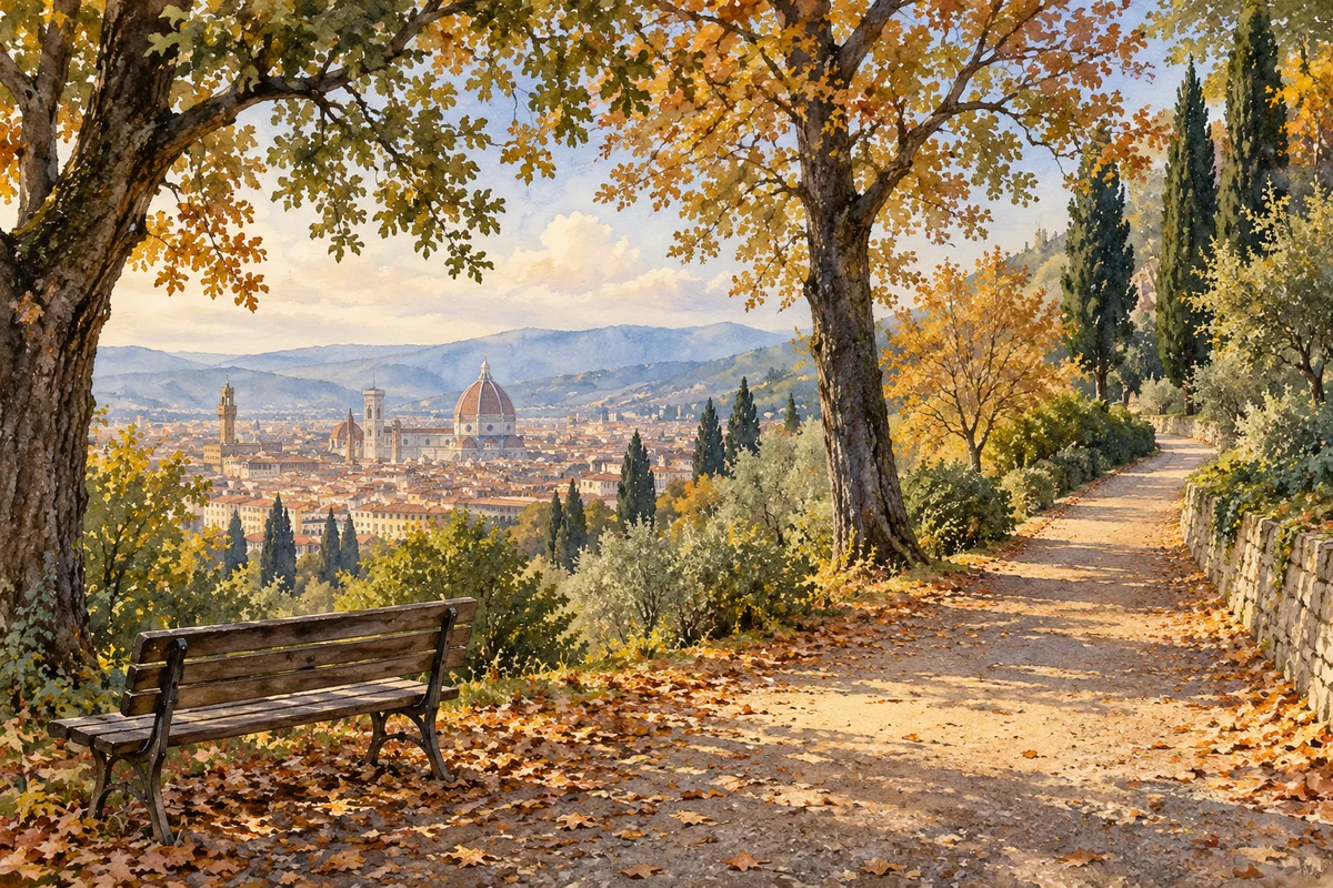 Watercolour editorial illustration of an imagined Florence hillside park, bench and distant roofline; not an exact Villa il Ventaglio viewpoint.