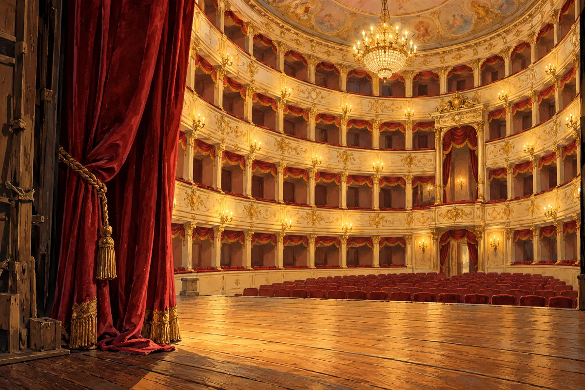 Gouache editorial illustration of an invented theatre stage wing, red curtain and tiers of boxes; not an actual Pergola backstage view or promise of access.
