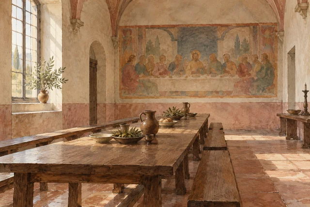 Watercolour editorial illustration of an imagined monastic dining room and supper mural; not a reproduction of Andrea del Sarto’s painting or the actual San Salvi interior.