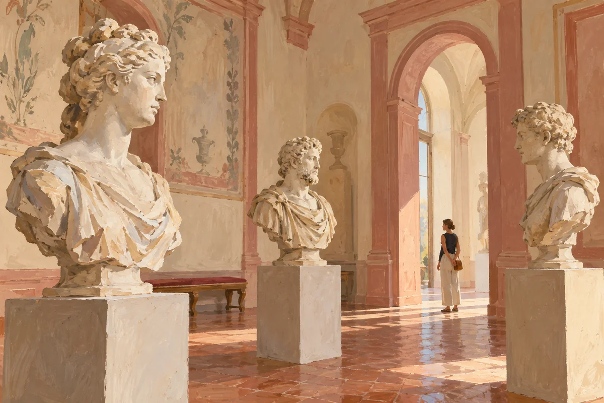 Gouache editorial illustration of three invented marble portrait busts in a pale villa room with a visitor; not an exact Villa Corsini interior or collection reconstruction.