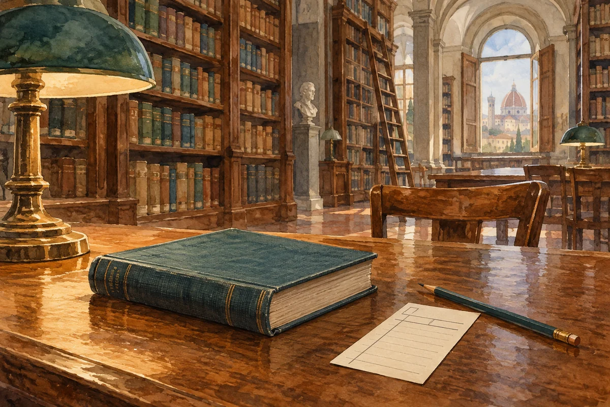 Watercolour editorial illustration of a closed book, pencil and blank request slip in an imagined historic library; not the actual Marucelliana reading room.