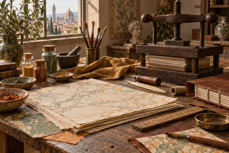 Illustration of bookbinding tools, marbled papers and pigments on an artisan worktable.