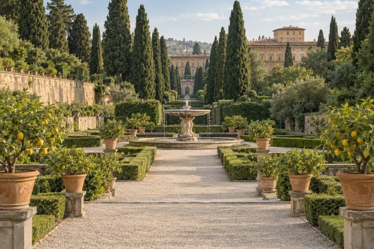 Illustration of formal garden paths, cypresses, lemon pots and a stone fountain.