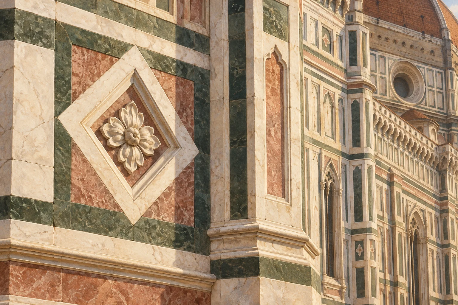 Illustration of white, green and pink marble panels with a carved floral ornament inspired by Florence Cathedral
