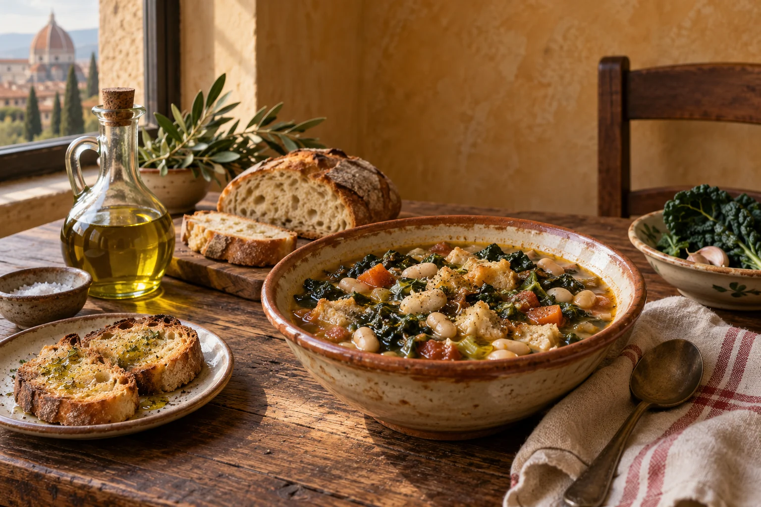 Illustration of a bowl of ribollita with beans, greens, bread and olive oil.
