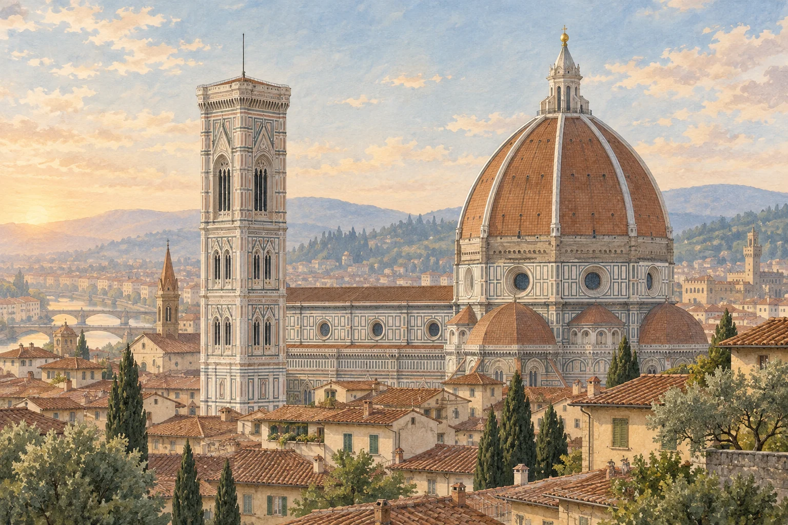 Illustration of Giotto’s marble bell tower and Brunelleschi’s terracotta dome above warm-toned Florence rooftops