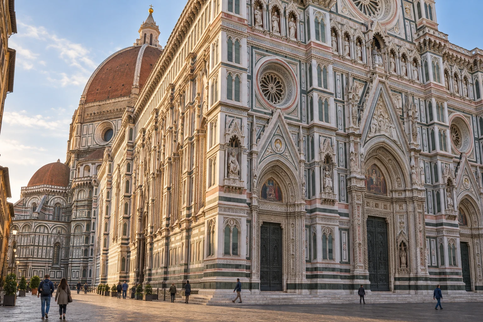 Illustration of marble cathedral facade with the terracotta dome behind it.